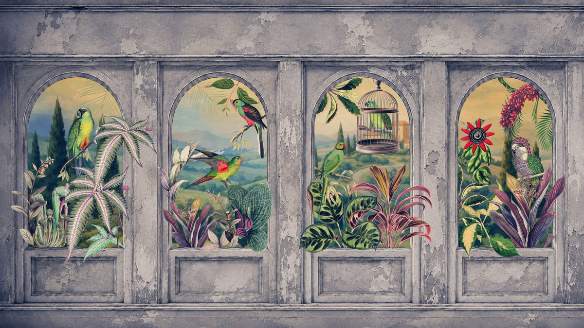 Vintage Archways and Tropical Birds Scenic 1 Wall Mural in your room — zoomed