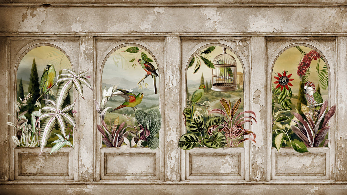 Vintage Parrot Arches Wall Mural in your room — zoomed