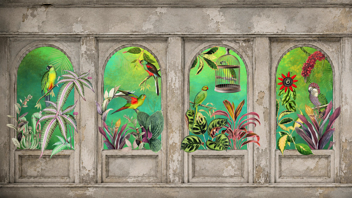 Vintage Archways Tropical Birds Wall Mural in your room — zoomed