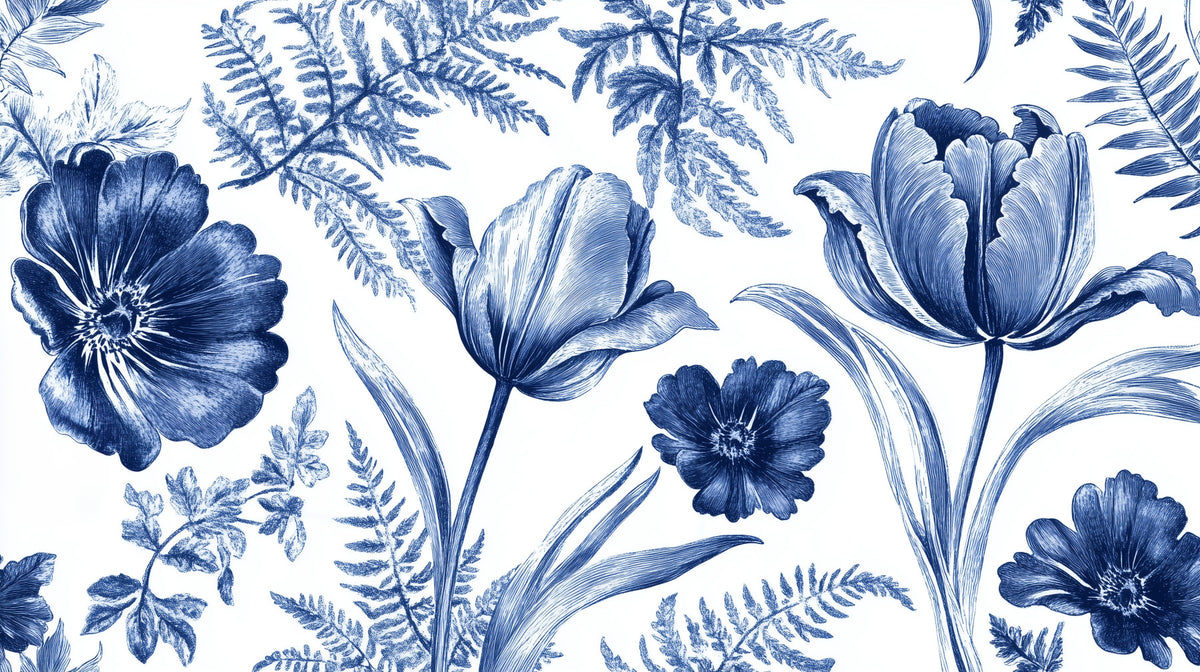 Vintage Indigo Tulip and Fern Botanical Wall Mural in your room — zoomed