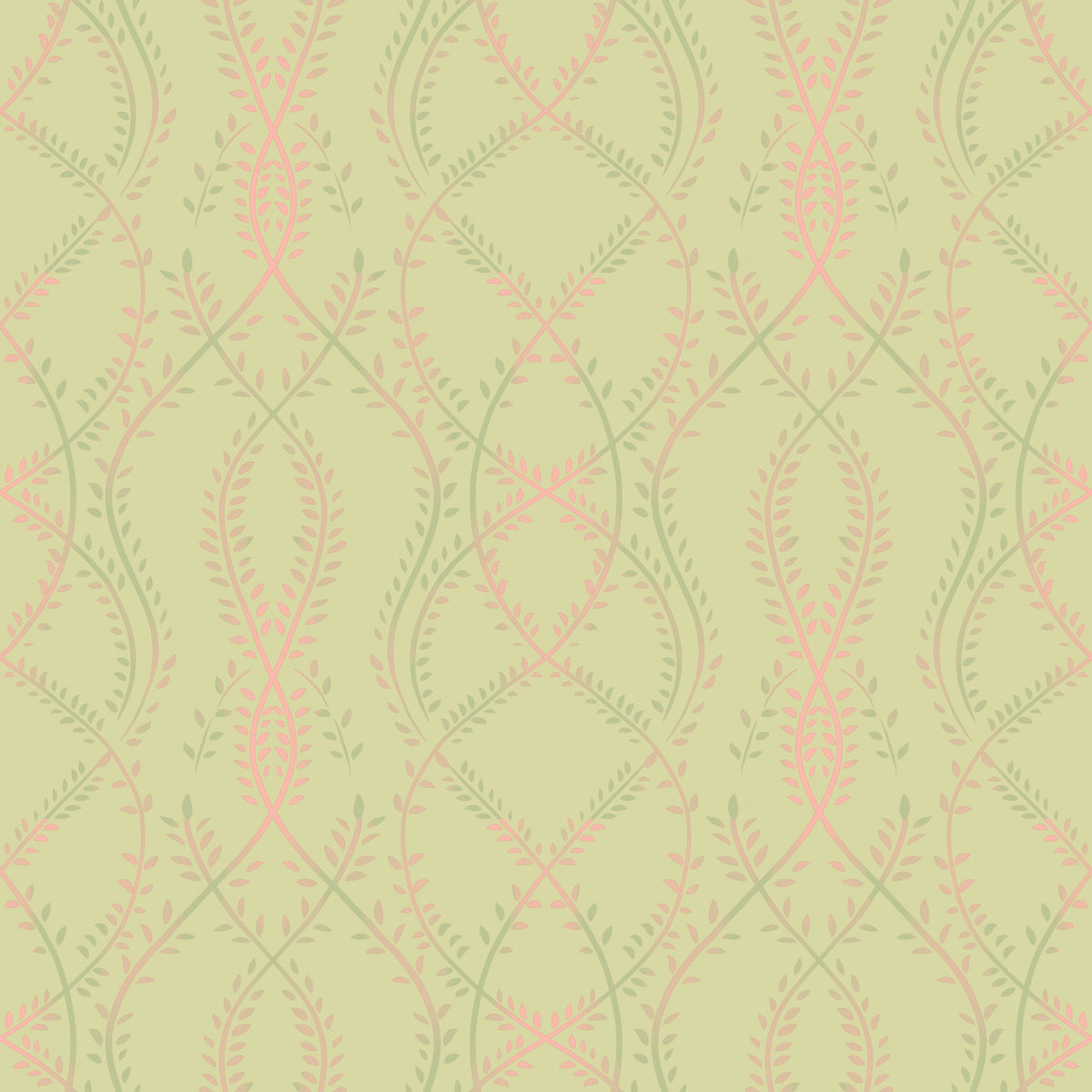 Soft Sage and Blush Pink Botanical Ogee Wallpaper⁠ in your room — zoomed