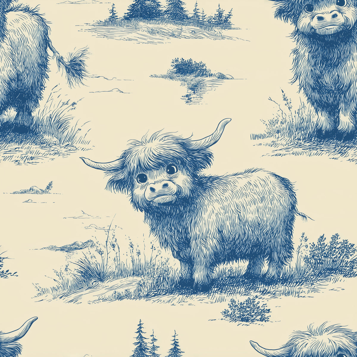 Whimsical Vintage Highland Cow Wallpaper⁠
