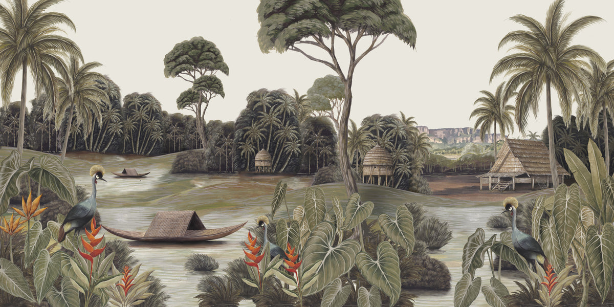 Vintage Exotic Tropical River and Cranes Wall Mural in your room — zoomed