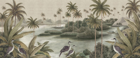 Vintage Chinoiserie Palm & Heron Wall Mural