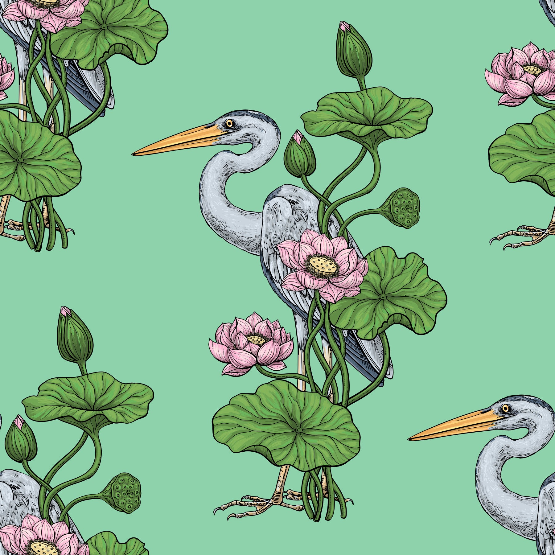 Heron in the Pink Lotus Garden on jade Wallpaper⁠