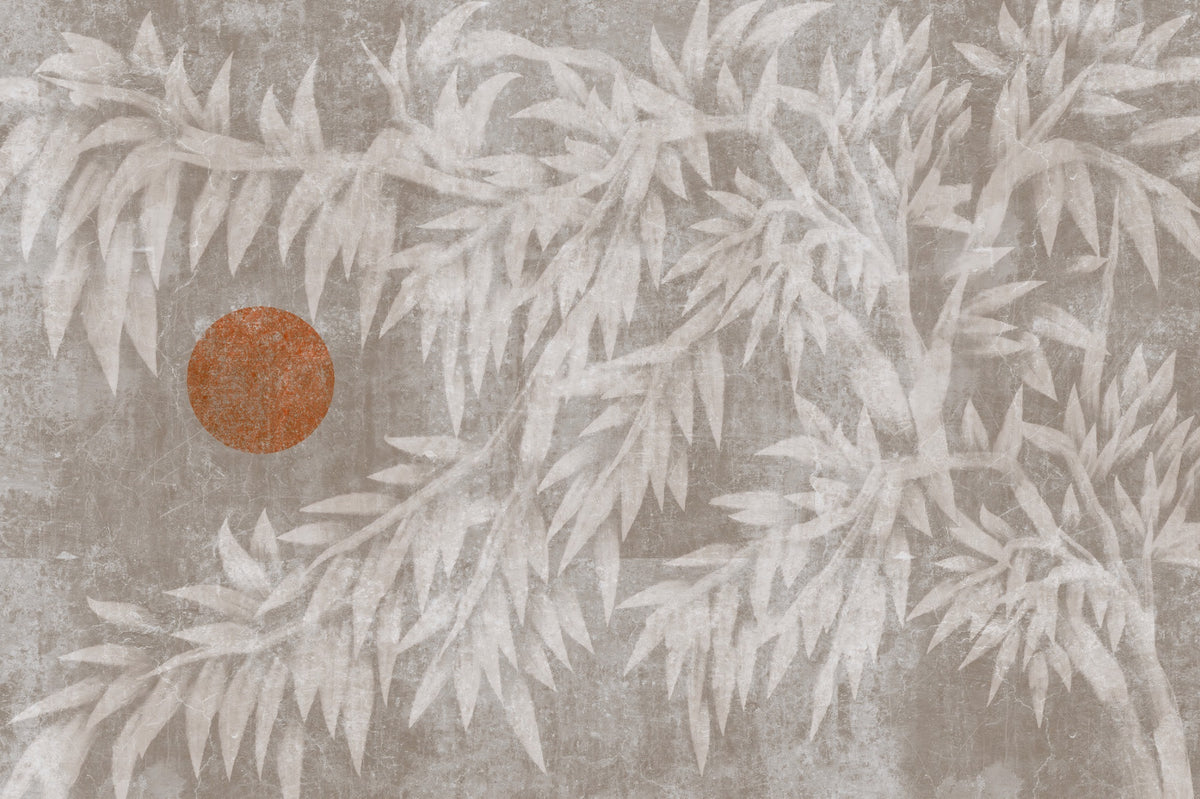 Rustic Japandi Sun and Foliage Wall Mural in your room — zoomed