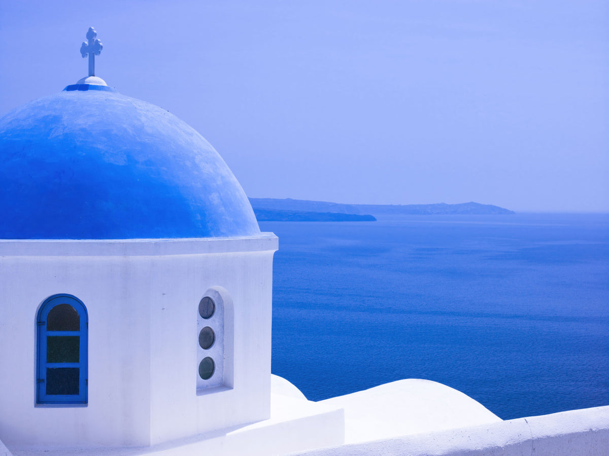Aegean Serenity: Santorini Blue Dome Wall Mural in your room — zoomed