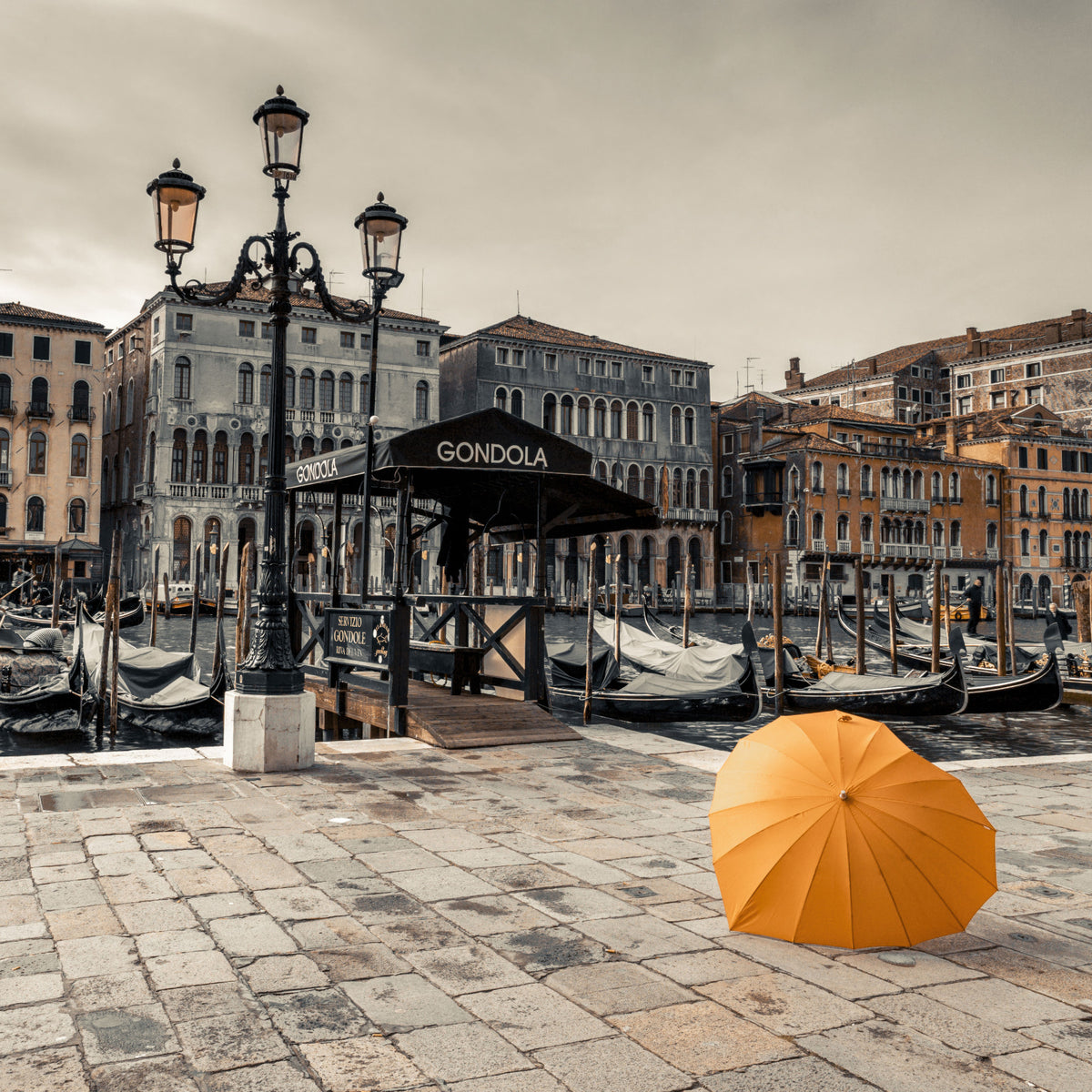 Serene Venice Canal with Orange Umbrella Wall Mural in your room — zoomed