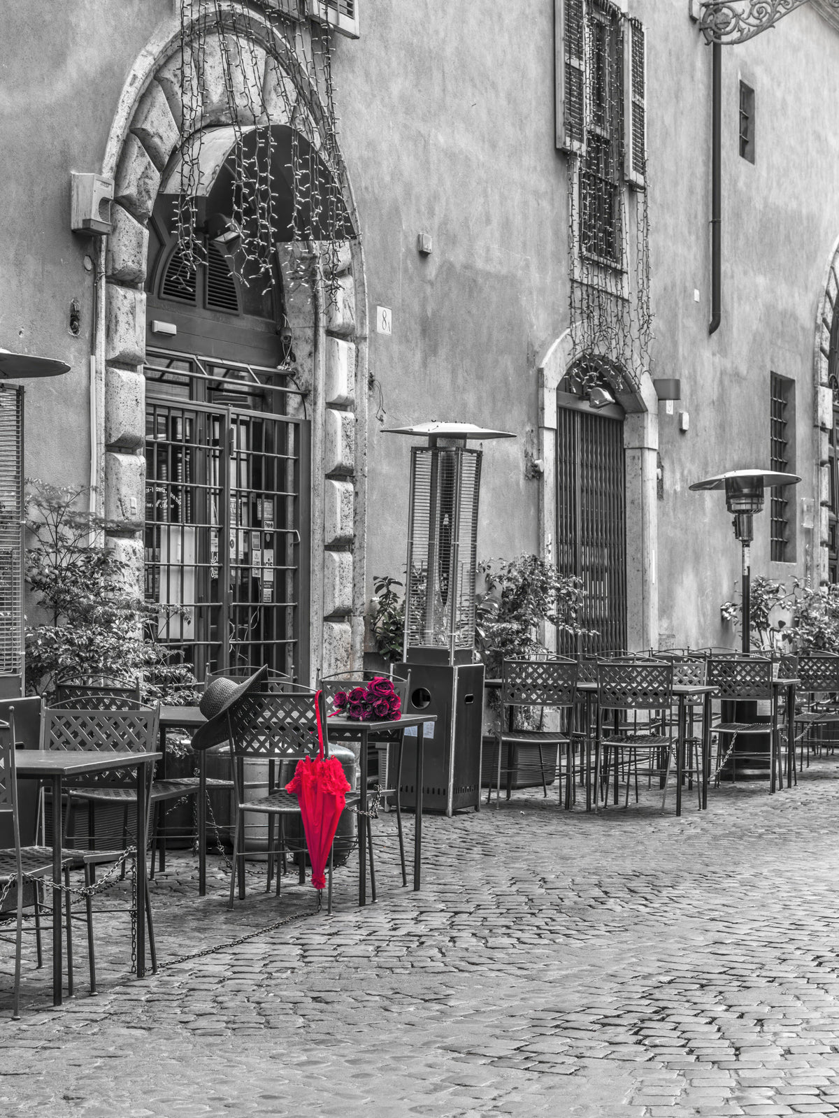 Red Umbrella on Quiet Italian Street Wall Mural in your room — zoomed