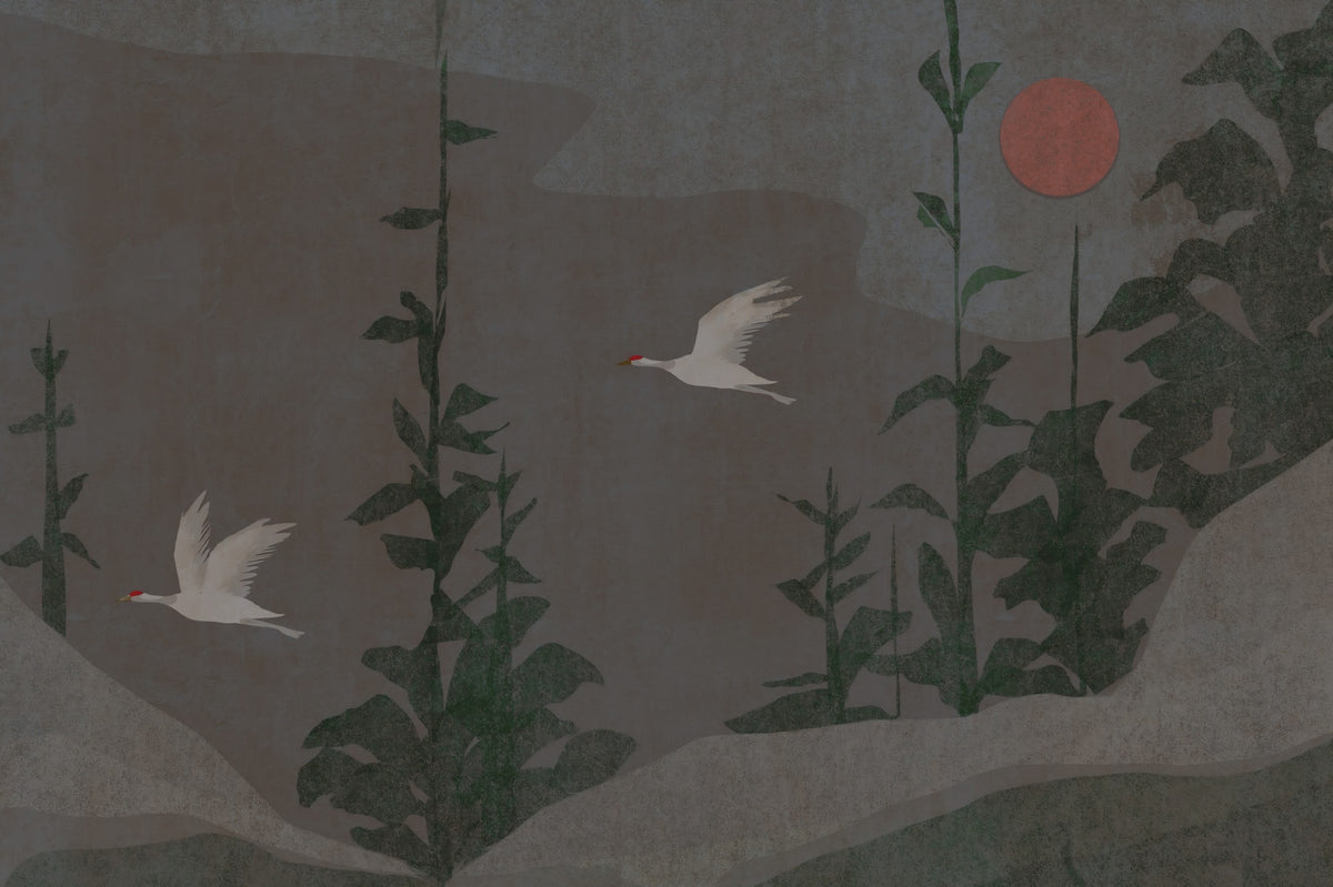 Flight of the Red Crowned Cranes Wall Mural in your room — zoomed