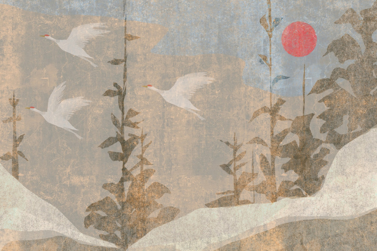 Flying Cranes and Crimson Sun Scenic Wall Mural in your room — zoomed