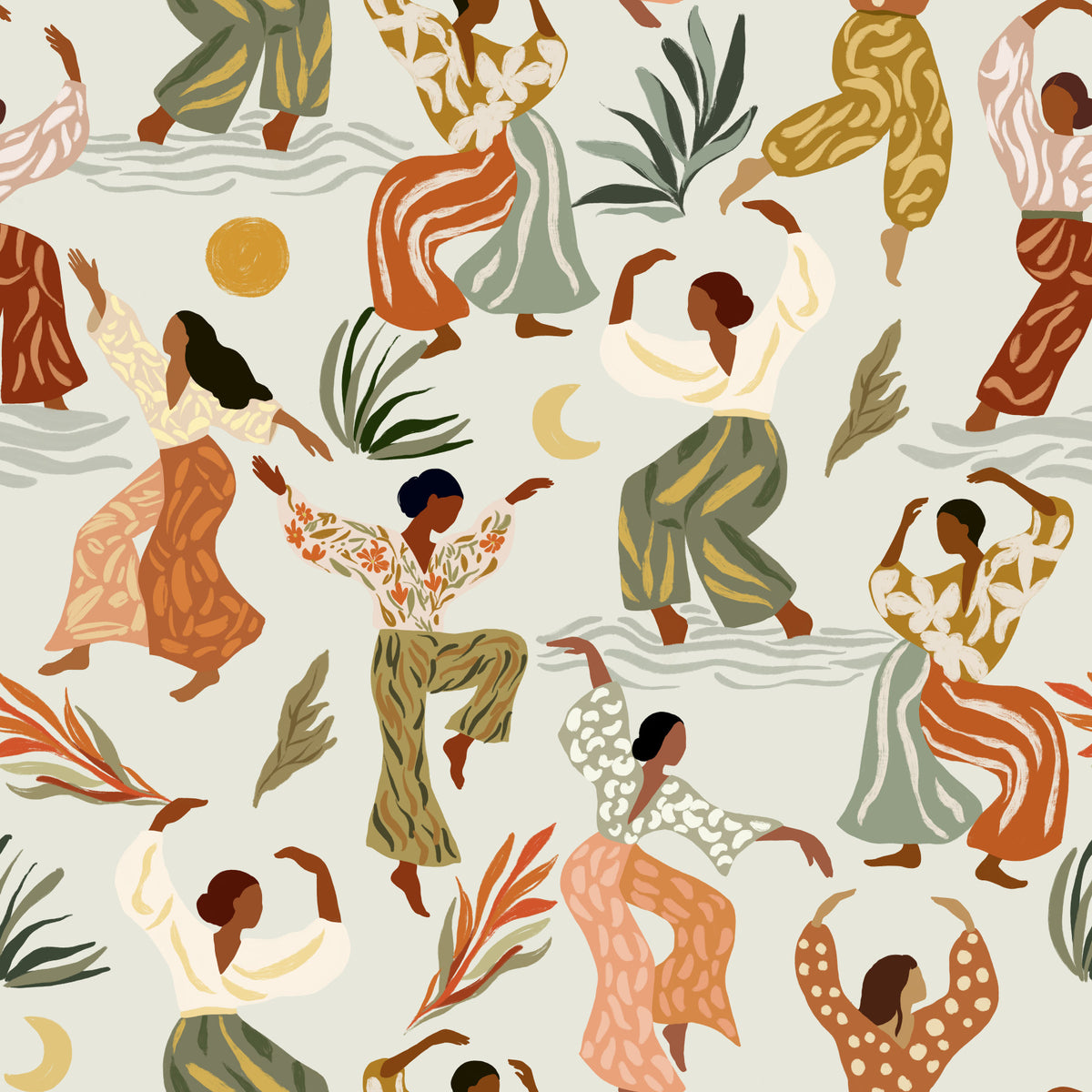 Earthy Boho Rhythms and Dancing Figures Wallpaper⁠ in your room — zoomed