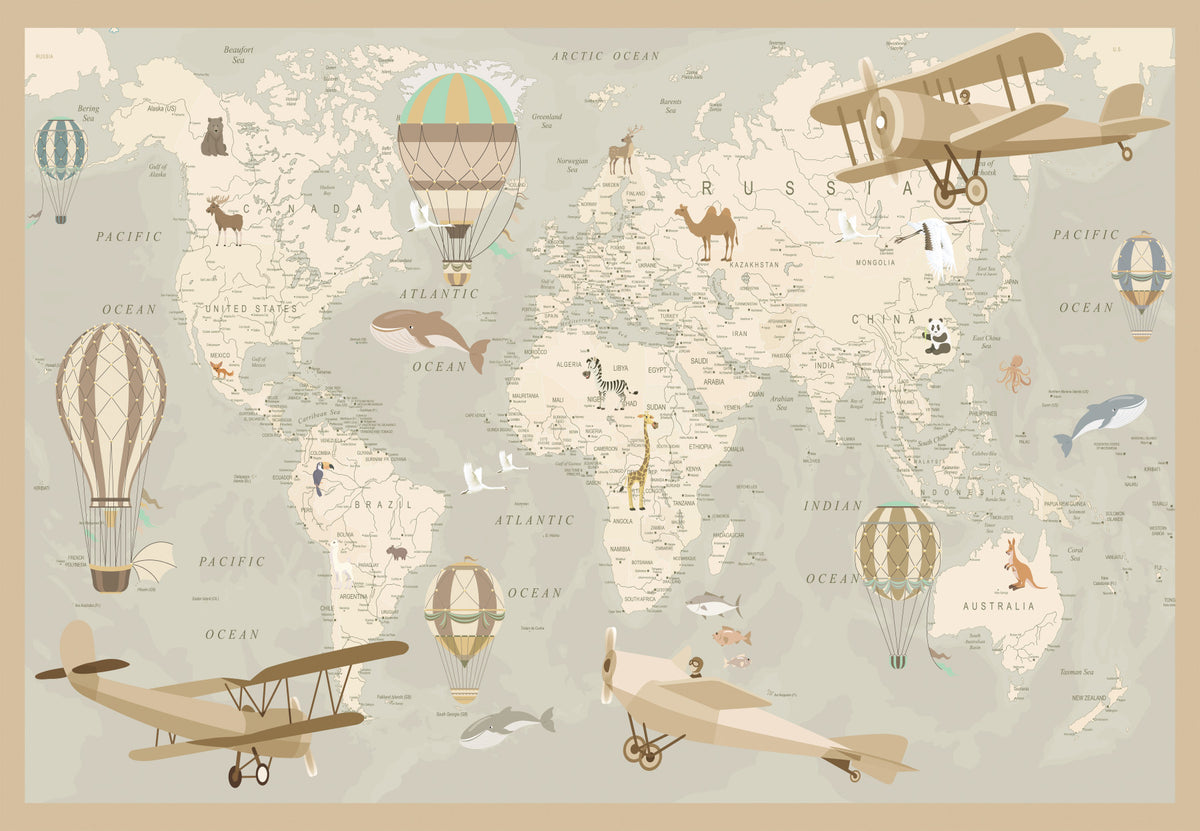 Antique Style Animal Cartography and Airships Wall Mural in your room — zoomed