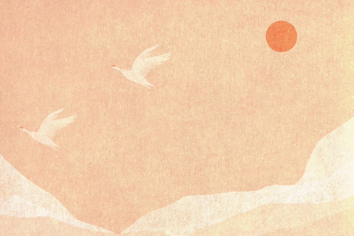 Minimalist Japanese Cranes at Sunset Wall Mural in your room — zoomed