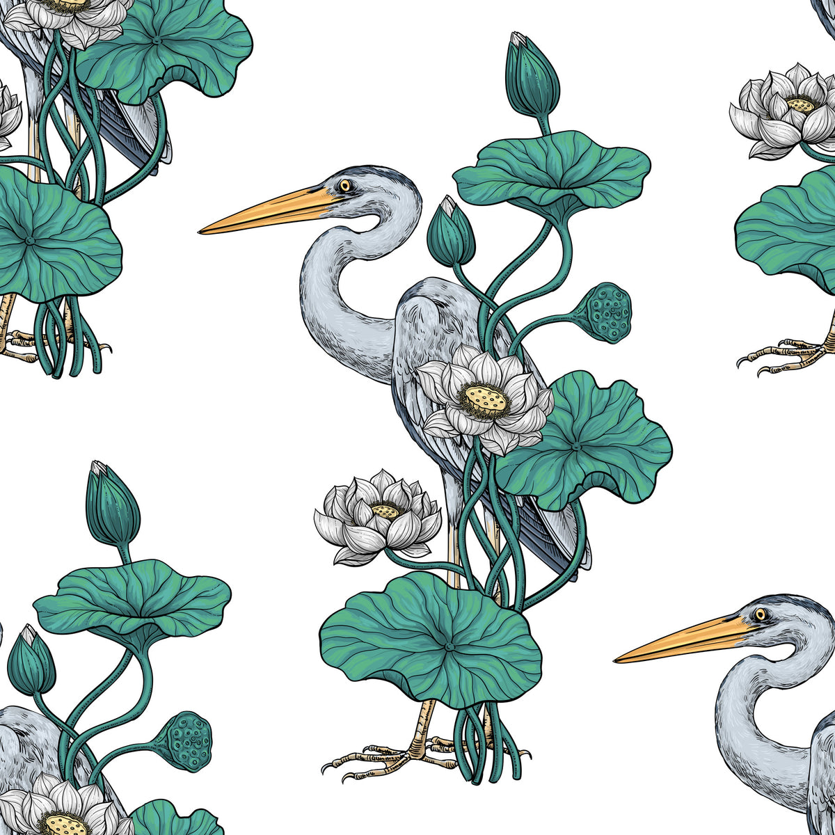 Heron in the White Lotus Garden on white Wallpaper⁠
