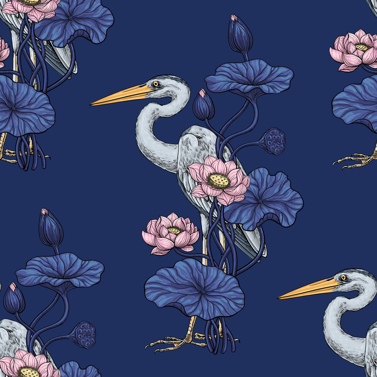 Heron in the Pink Lotus Garden on delpht blue Wallpaper⁠ in your room — zoomed