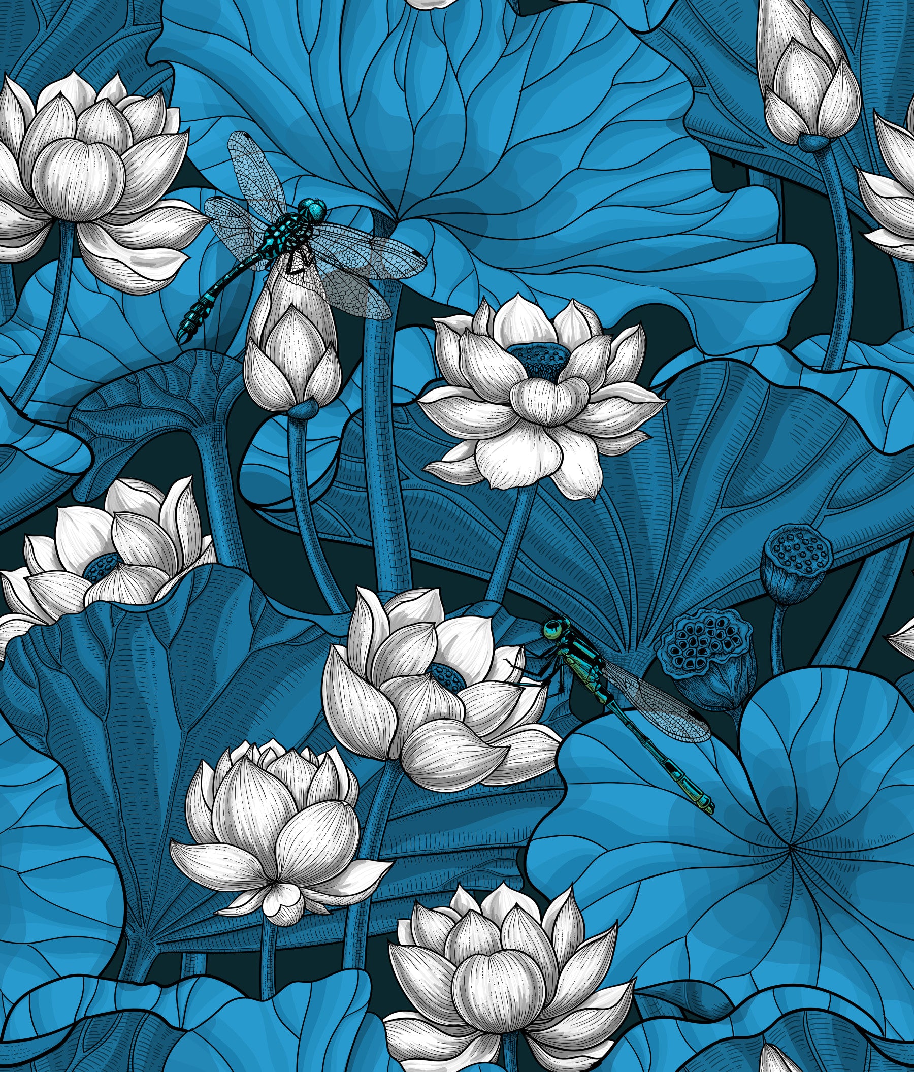 Zen Lotus Pond with Dragonflies in white and blue Wallpaper⁠