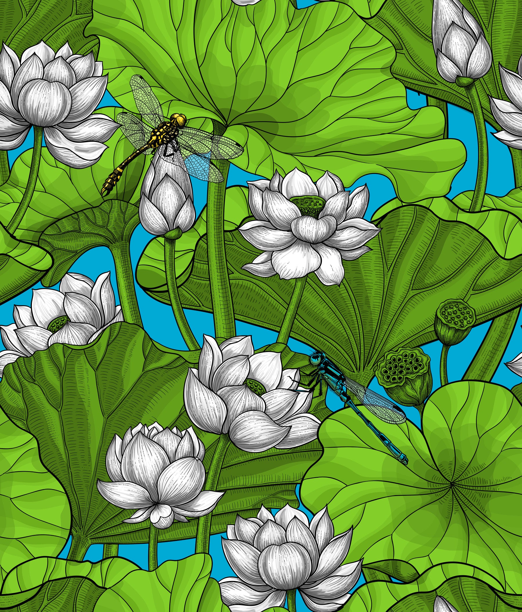 Zen Lotus Pond with Dragonflies in white and green Wallpaper⁠