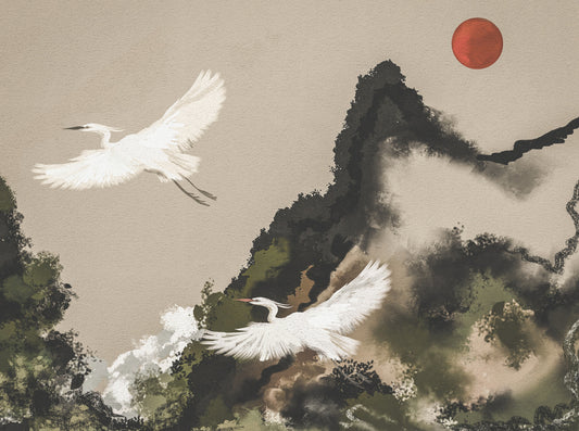 Zen Heron Mountain Landscape Wall Mural