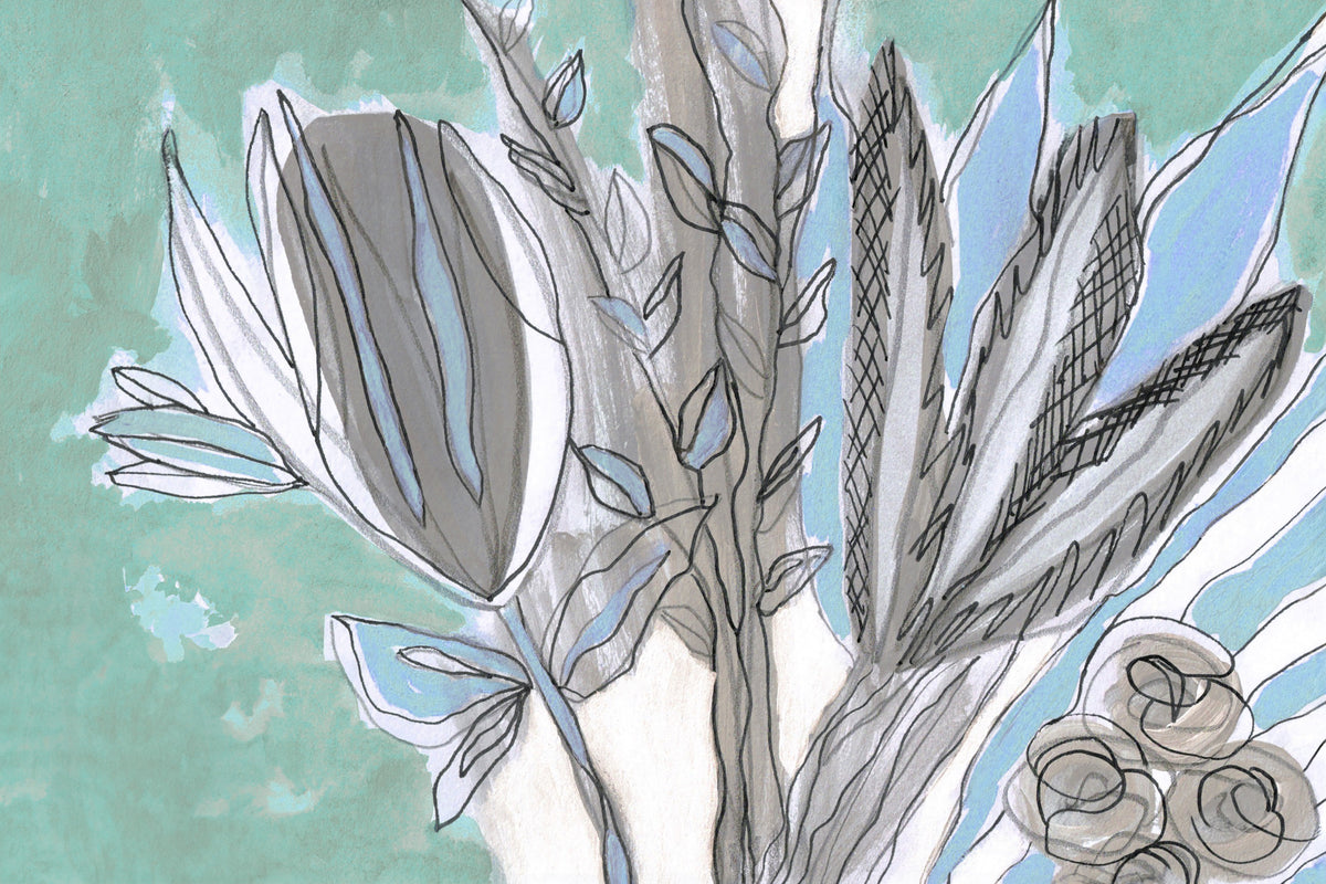 Abstract Teal Botanical Sketch Wall Mural in your room — zoomed