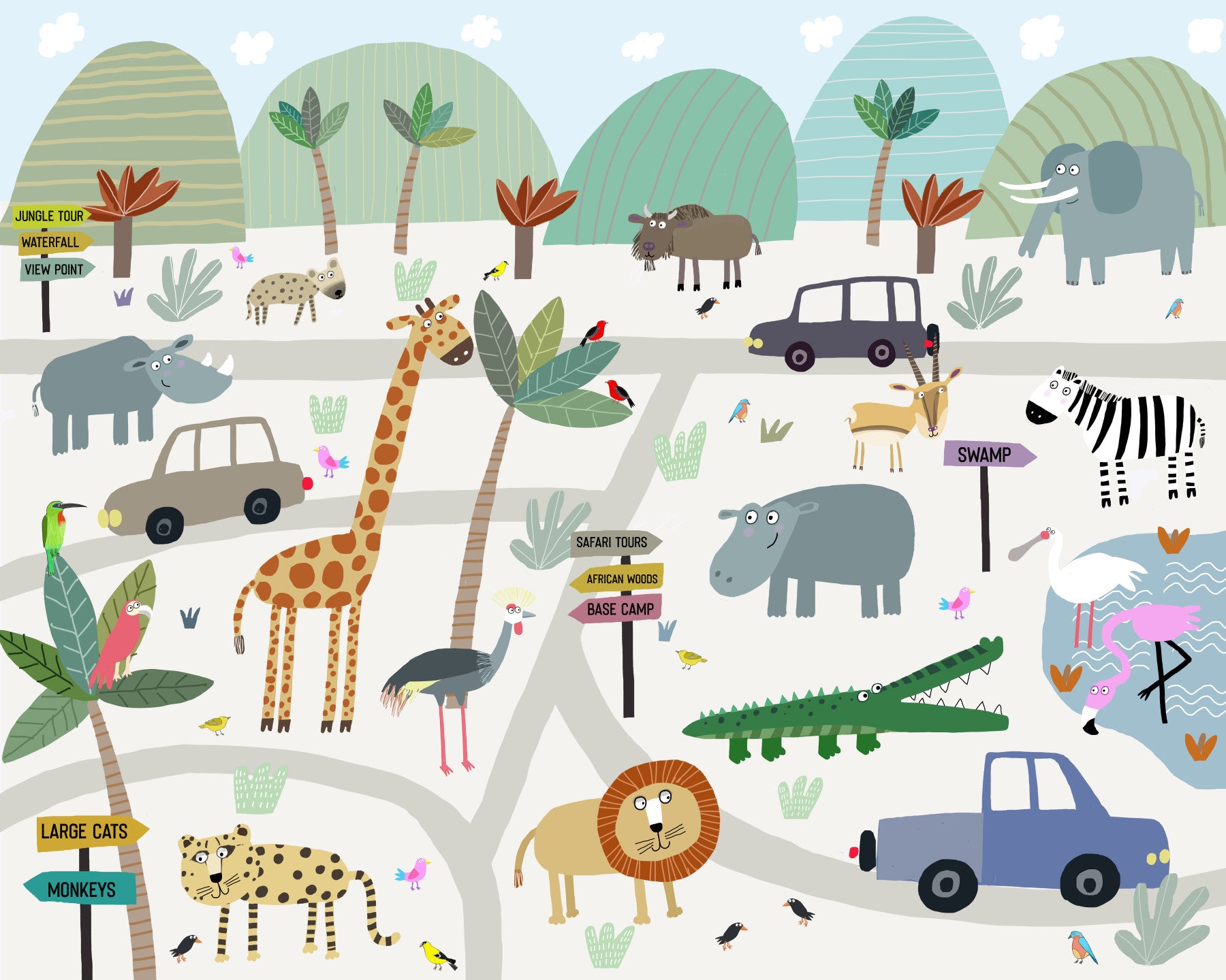 Safari Animal Adventure Map Wall Mural