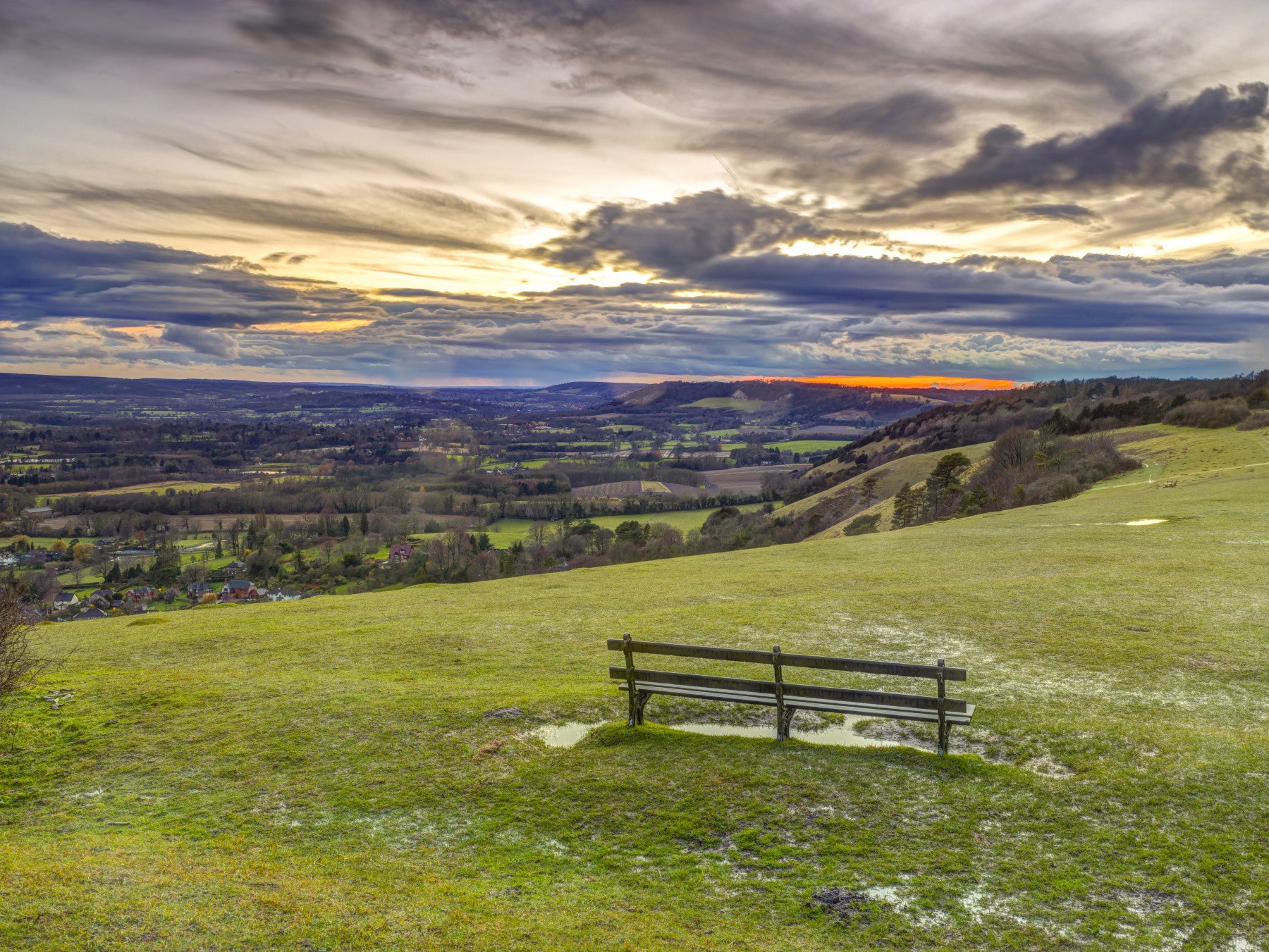 Golden Sunset Valley Bench Wall Mural