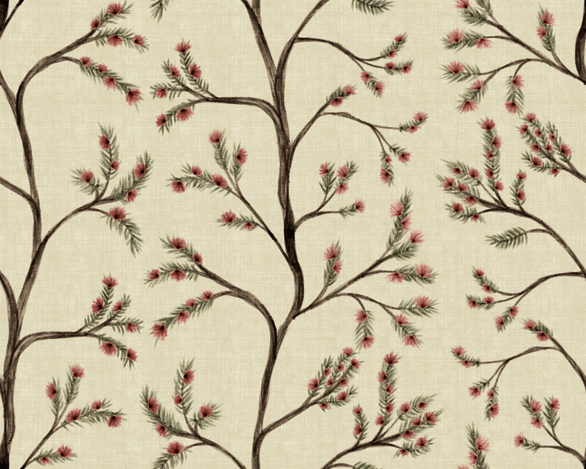 Asian Floral Branches on Antique Linen Wallpaper⁠
