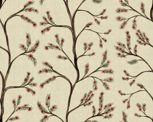 Asian Floral Branches on Antique Linen Wallpaper⁠