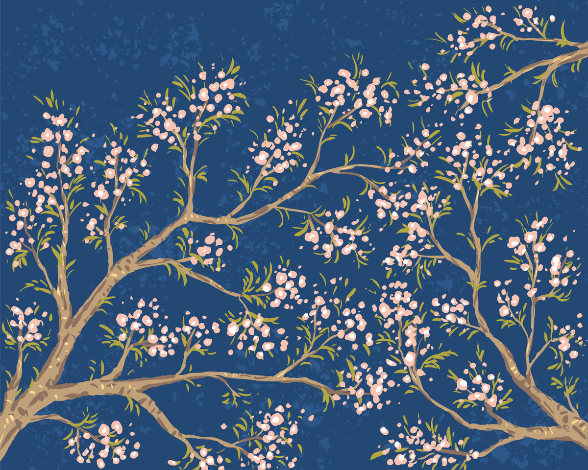 Pink Blossoms - Blue Background Wall Mural in your room — zoomed