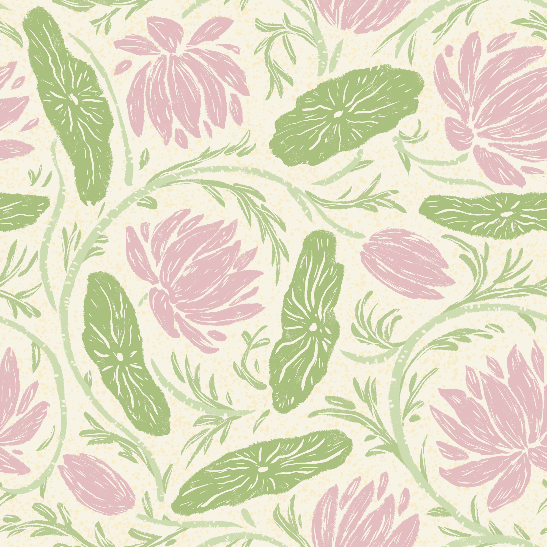 Lotus - Botanical Trailing Water Lily Floral Block Print-  Pink and Green Wallpaper⁠