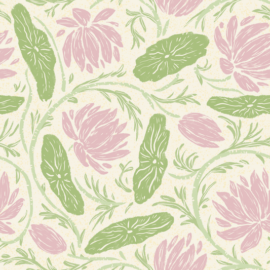 Lotus - Botanical Trailing Water Lily Floral Block Print-  Pink and Green Wallpaper⁠