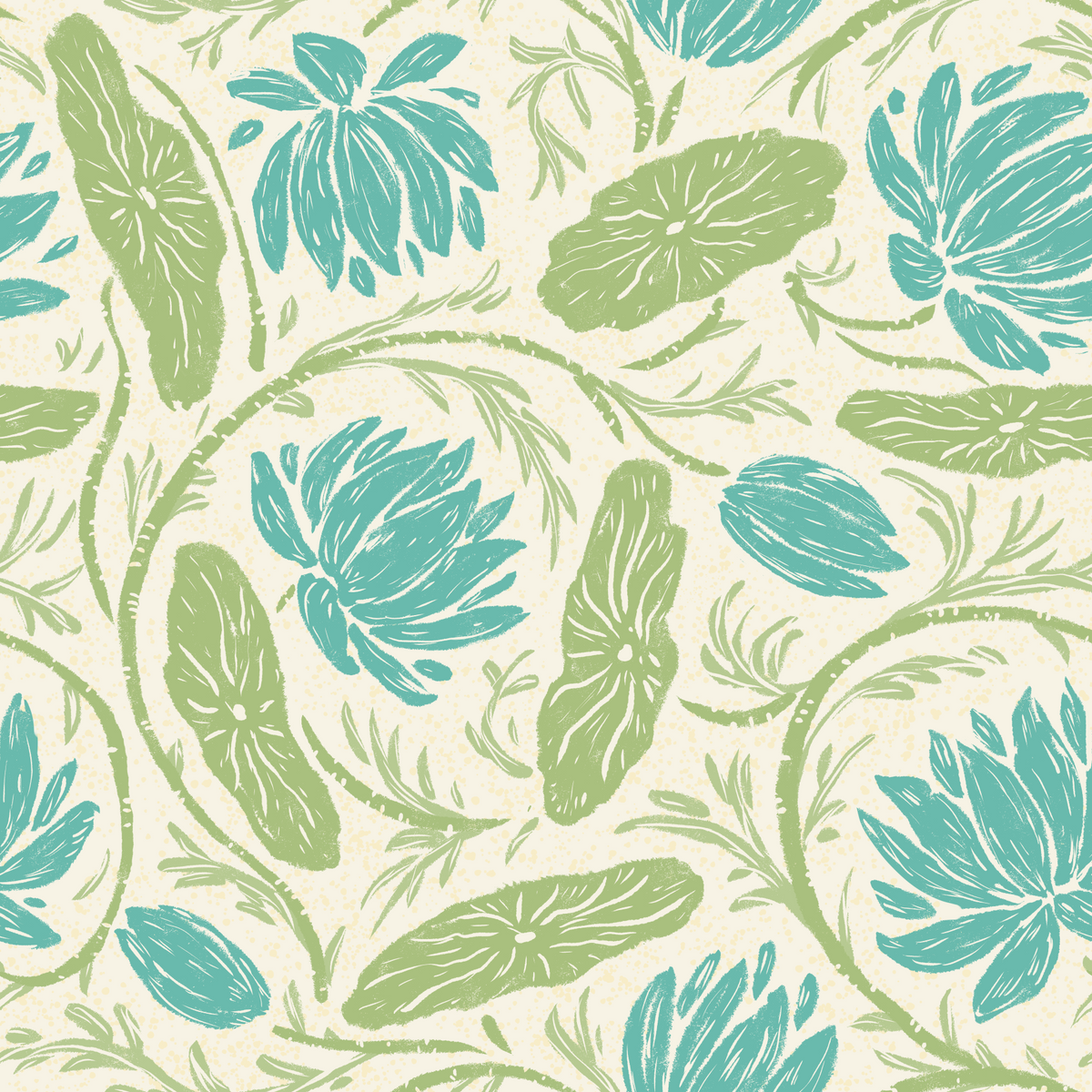 Lotus - Botanical Trailing Water Lily Floral Block Print-  Blue and Green Wallpaper⁠ in your room — zoomed