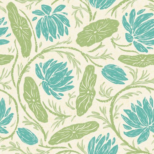 Lotus - Botanical Trailing Water Lily Floral Block Print-  Blue and Green Wallpaper⁠