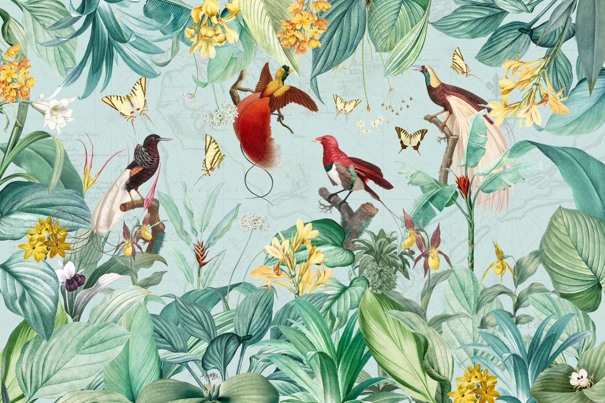 Exotic Bird and Tropical Flora Illustration Wall Mural in your room — zoomed