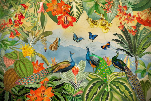 Vintage Peacock and Tropical Botanical Explorer Wall Mural
