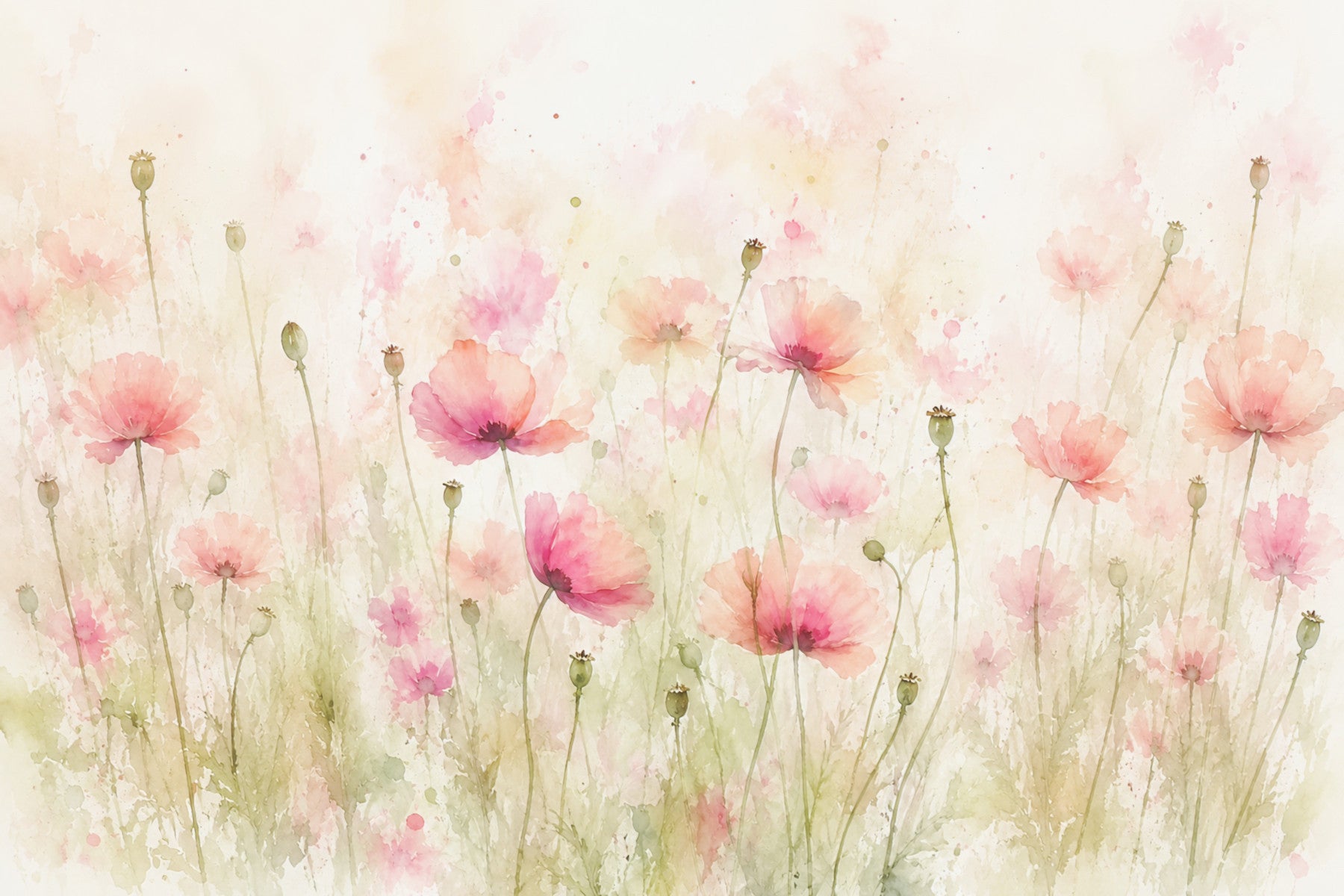 Blush Pink Meadow Wildflowers Wall Mural
