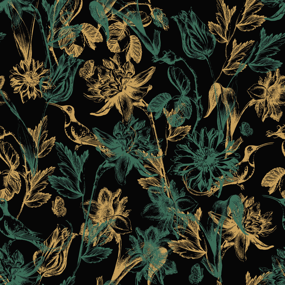 Golden Foliage and Hummingbird Art Wallpaper⁠