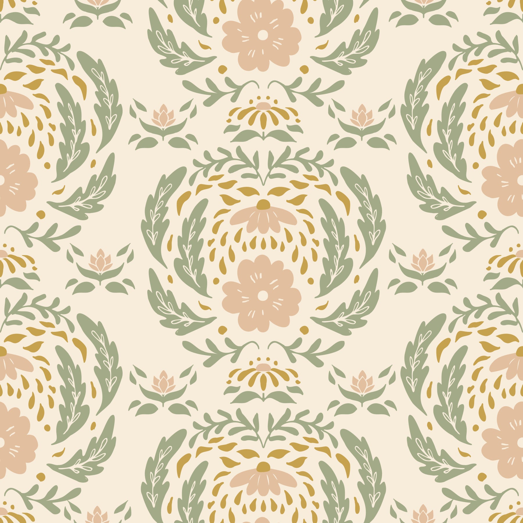 Sage and Blush Damask Botanical Wallpaper⁠
