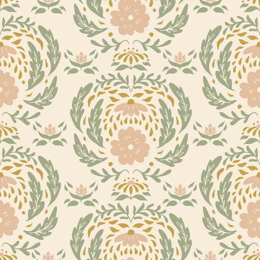 Sage and Blush Damask Botanical Wallpaper⁠