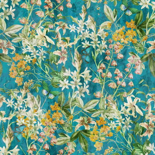 Turquoise Meadow Botanical Illustration Wallpaper⁠