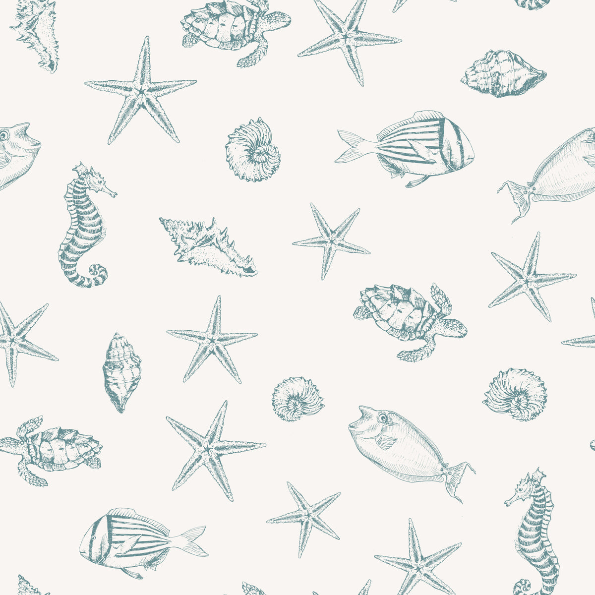 Oceanic Sketch Marine Life Pattern Wallpaper⁠ in your room — zoomed