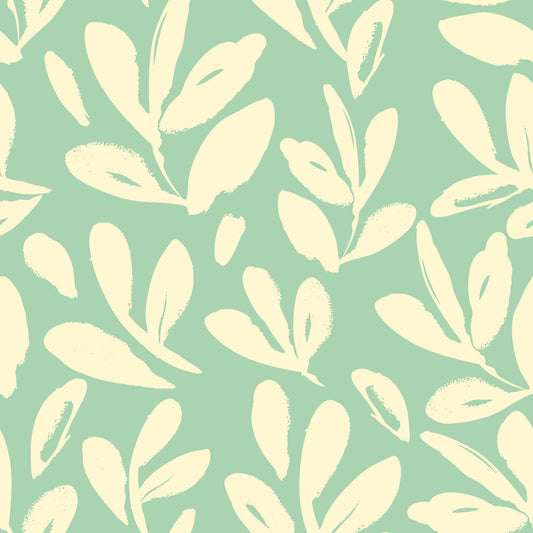 Sage and Cream Hand-Painted Leaf Wallpaper⁠