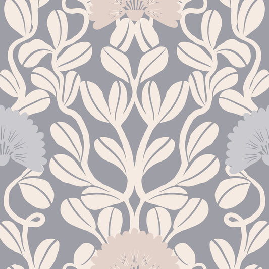 Grey and Cream Damask Floral Wallpaper⁠
