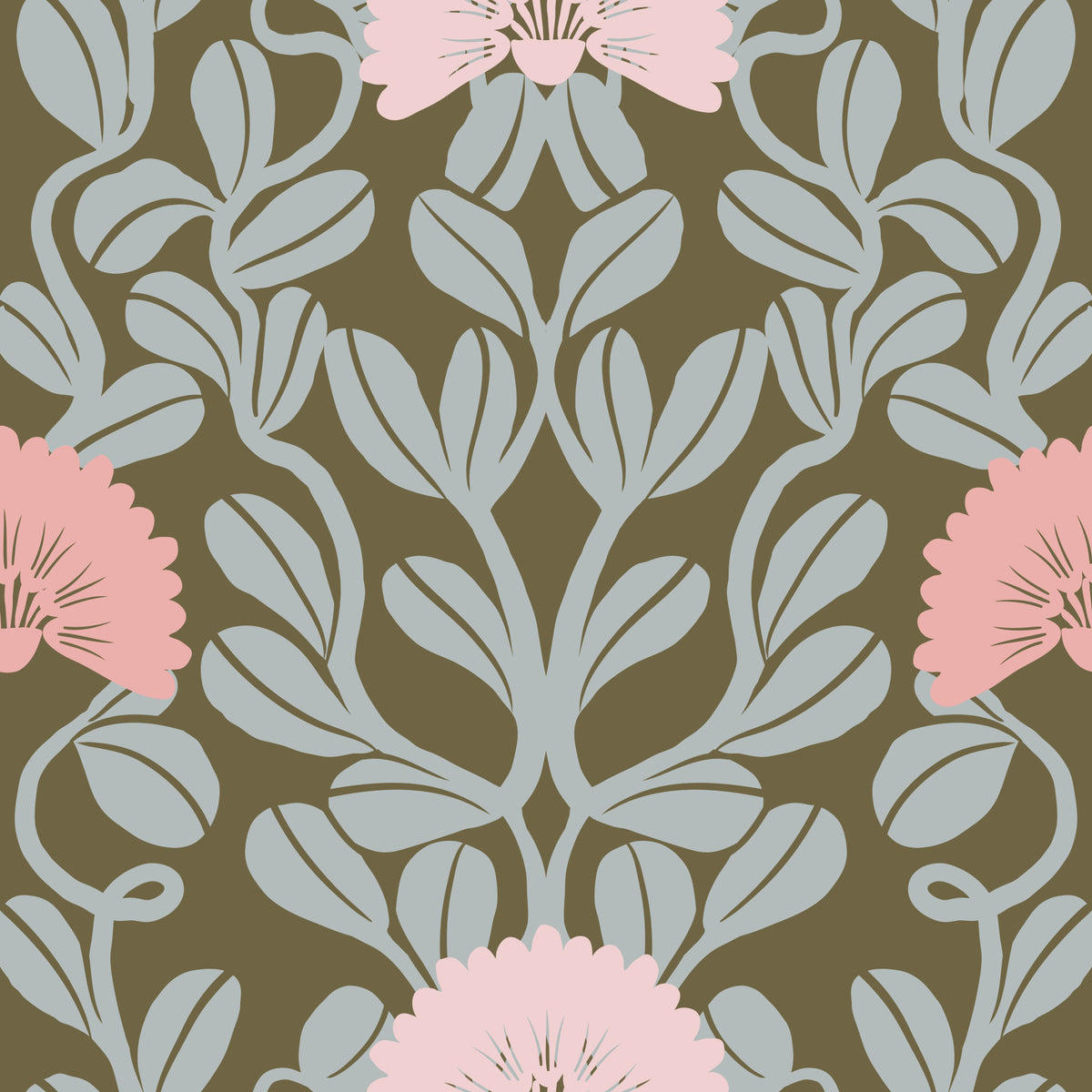 Sage and Blush Botanical Damask Wallpaper⁠