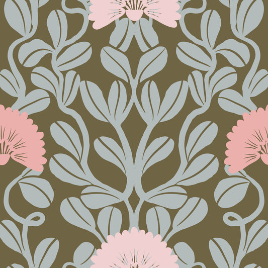 Sage and Blush Botanical Damask Wallpaper⁠