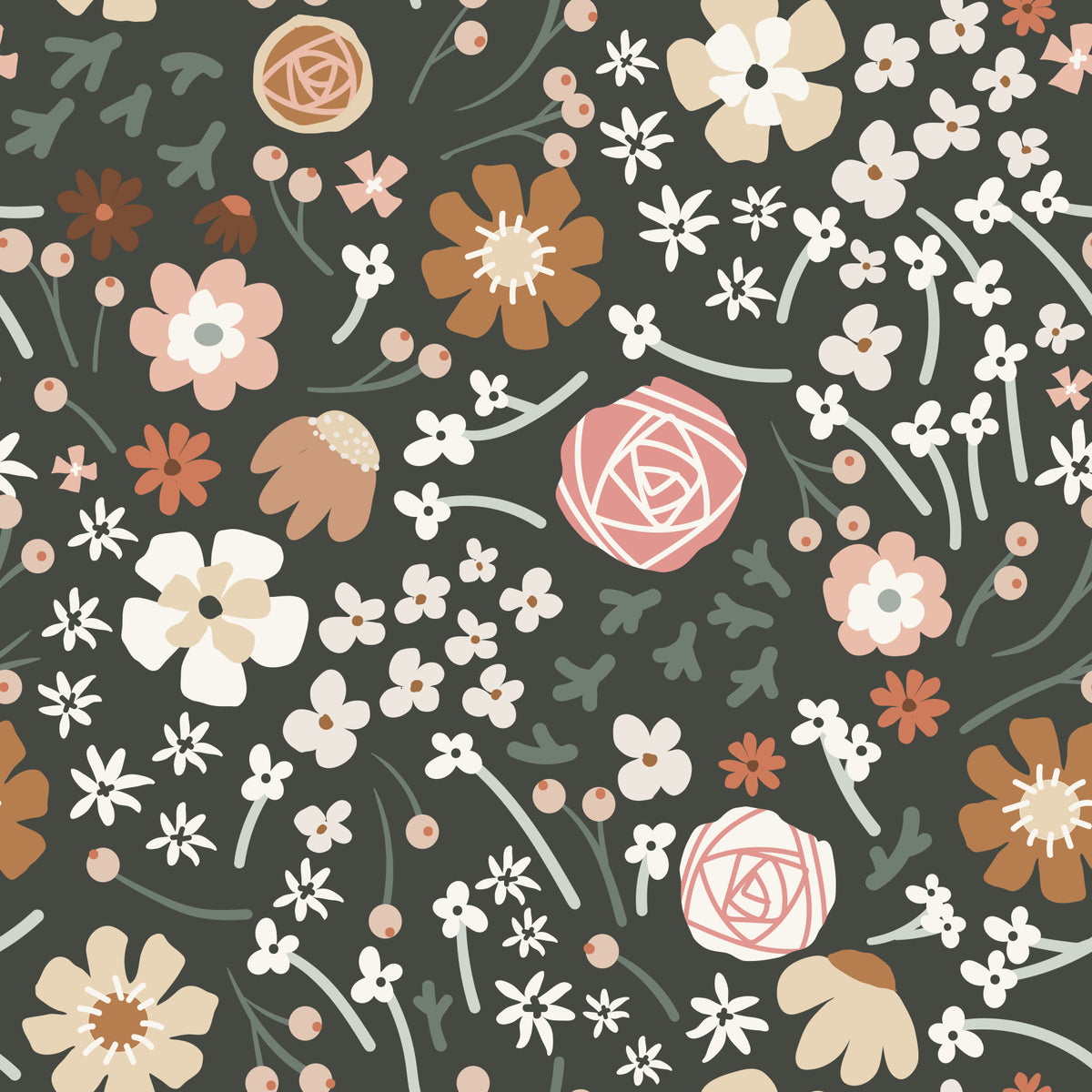 Rustic Meadow Botanical Pattern Wallpaper⁠ in your room — zoomed