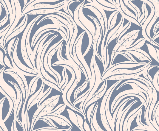 Cream and Blue Flowing Leaf Pattern Wallpaper⁠
