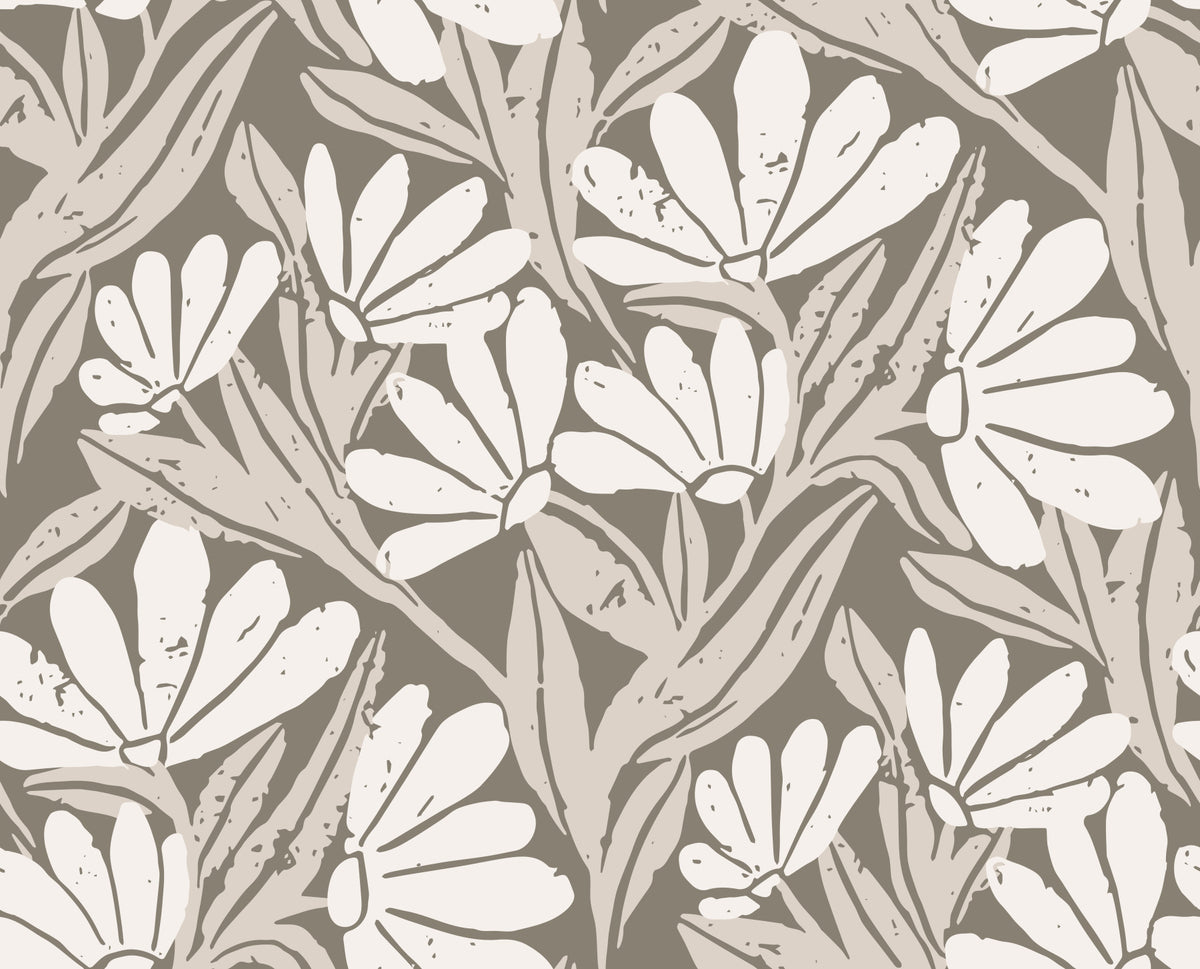 Rustic Cream and Taupe Flower Block Print Wallpaper⁠