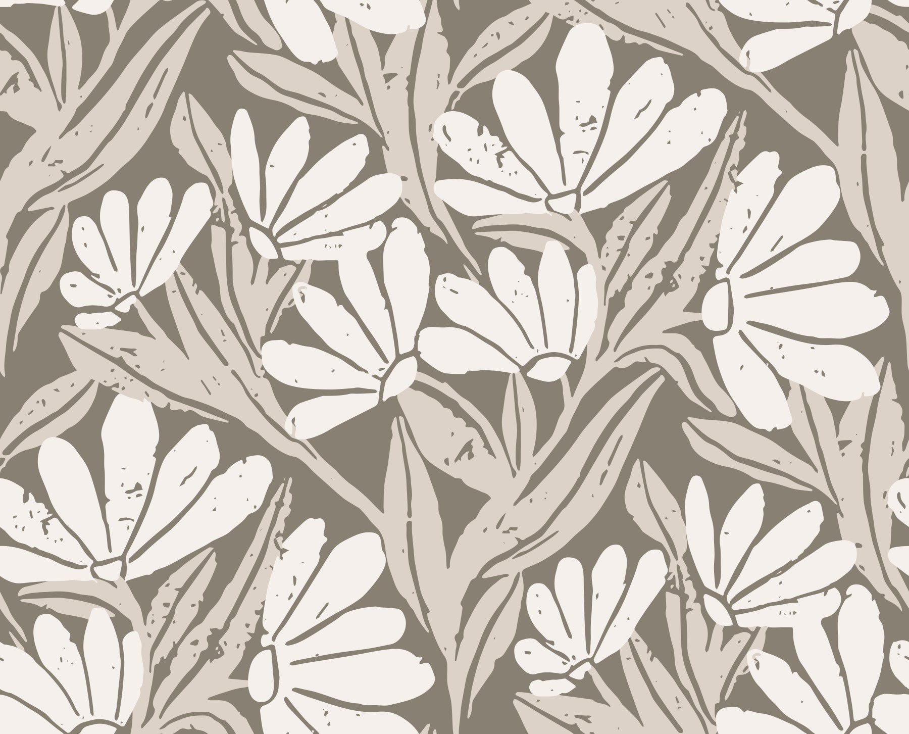 Rustic Cream and Taupe Flower Block Print Wallpaper⁠