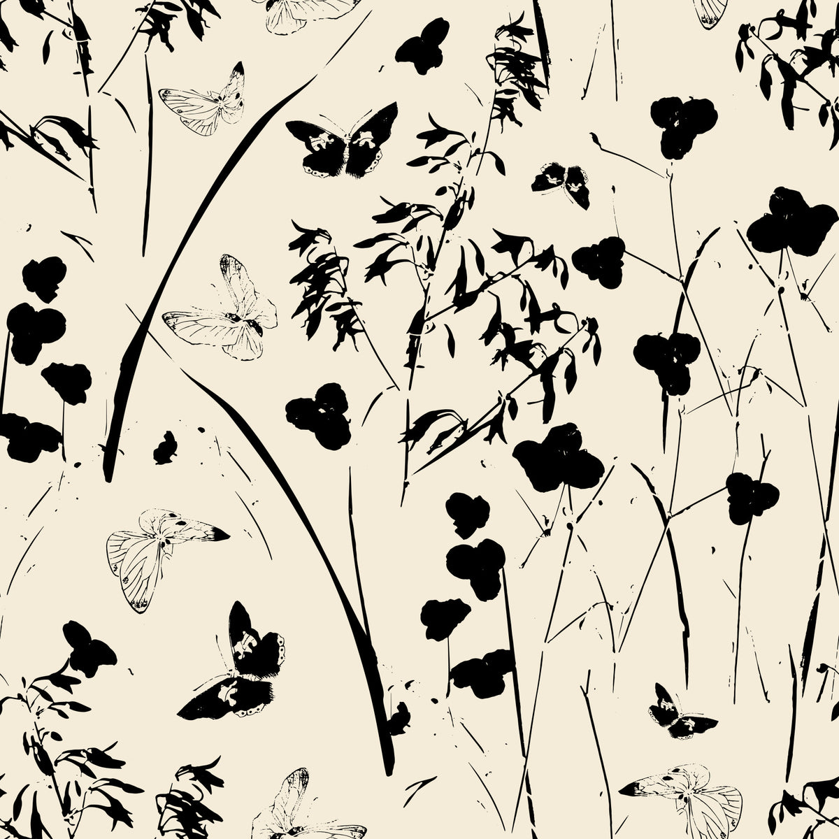Silhouette Meadow and Butterfly Print Wallpaper⁠